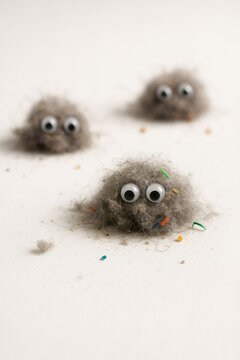 A whimsical perspective on household dust bunnies, adding a touch of humor to cleaning and home maintenance with googly eyes and colorful debris.