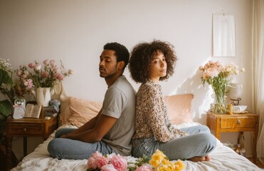 Diverse couple in conflict sitting back to back on bed