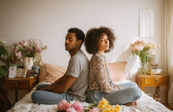 Diverse couple in conflict sitting back to back on bed