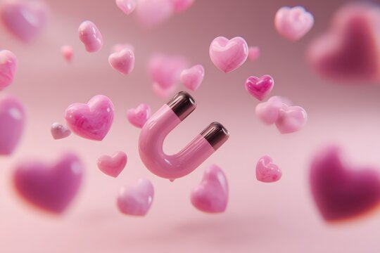 A pink magnet attracting floating hearts in a soft pink background, symbolizing love and connection