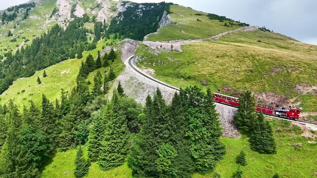 Drone Austria 4k. Schafberg Bahn, historic cog railway in Austria, it runs from St. Wolfgang up Schafberg mountain.&nbsp;popular summer travel tourism destination for hiking in Europe.