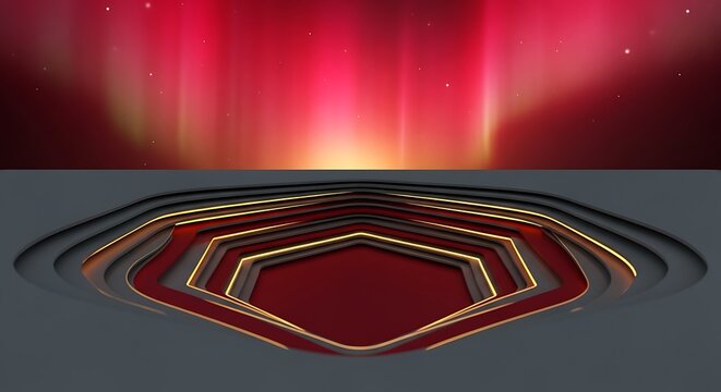 Abstract geometric platform with vibrant celestial sky backdrop illustration