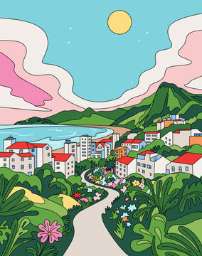 Vector Illustration of Nature and City Landscape Background, Vacation Village with Houses, Jungle Town with Mountains, Sea, Flowers and Trees. Sunny Sky with Wavy Clouds and Stars