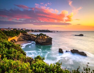 Coastal scene at dusk, with cliffs, rocks, ocean, and vibrant sky with town in the distance