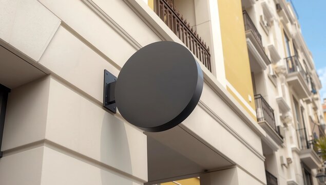 Black round logo on brick wall, building exterior for mockup design