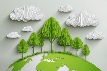 A vibrant paper-cut style landscape featuring green trees and clouds above a stylized earth