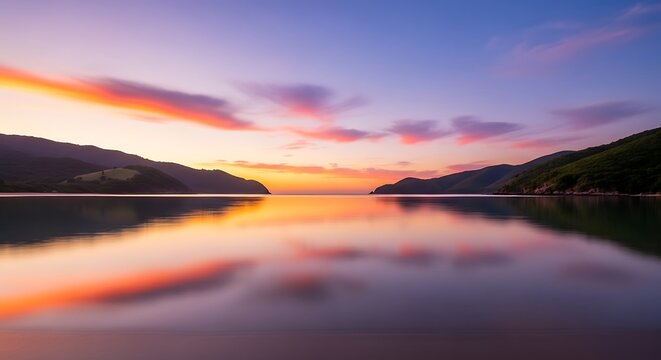 Dreamy twilight ocean view featuring hill silhouettes and sky reflection