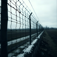 Prisoner standing by a GULAG camp fence, gazing into the distance