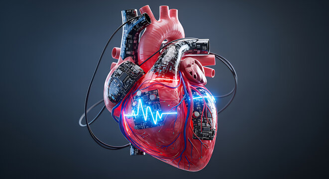 Futuristic mechanical heart with glowing blue ekg pulse and integrated circuitry on dark background