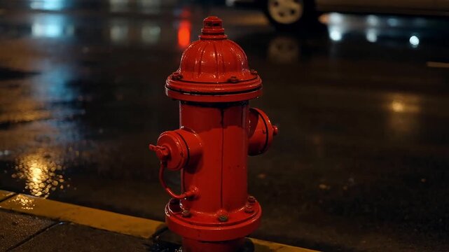 Bright red fire hydrant standing by a yellow painted curb on a dark wet street at night reflecting city lights and passing car headlights