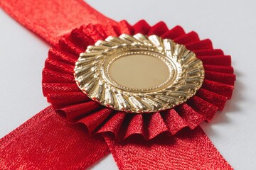 Close-up of a red ribbon award with a golden medallion, symbolizing achievement and recognition