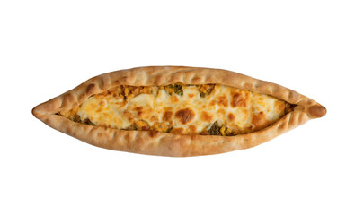 A top-down photograph of a traditional Turkish pide bread on a clean white background. The oval-shaped flatbread displays a golden-brown crust with characteristic ridged edges, filled with melted chee