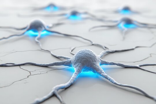 Close-up view of glowing neurons on a cracked surface, showcasing intricate connections and details