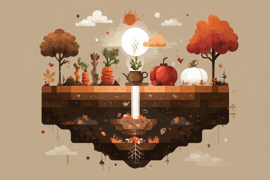 Colorful autumn landscape with floating garden, featuring vegetables, trees, and sun