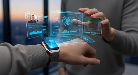 Close up of a person s hand wearing a smartwatch displaying a futuristic holographic interface with glowing blue data visualizations