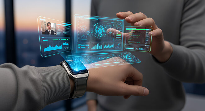Close up of a person s hand wearing a smartwatch displaying a futuristic holographic interface with glowing blue data visualizations