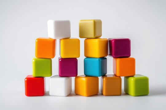 Colorful stacking blocks arranged in a pyramid formation on a clean white background, showcasing creativity