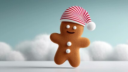 Gingerbread man with a red and white hat and a smile on his face. The image has a festive and cheerful mood, as it is a representation of a popular holiday treat