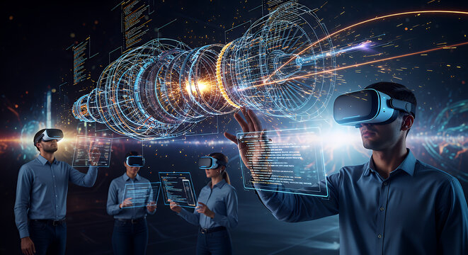 Diverse group of people wearing virtual reality headsets interacting with a futuristic holographic digital data sphere in a modern cityscape - Powered by Adobe