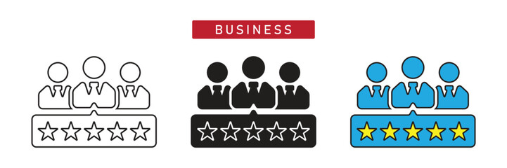 Business Rating Icon: Group of Professionals with Five Stars Quality Service Evaluation.