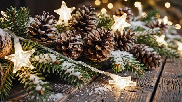 Festive pinecone evergreen garland with star lights on wood