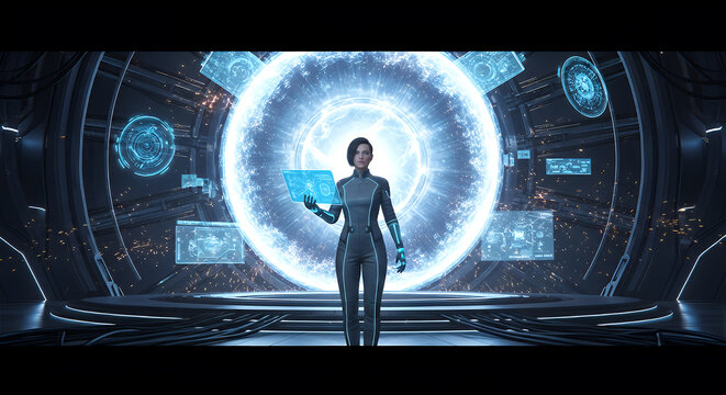 Futuristic female cyborg scientist interacting with a glowing blue holographic portal in a high tech laboratory setting