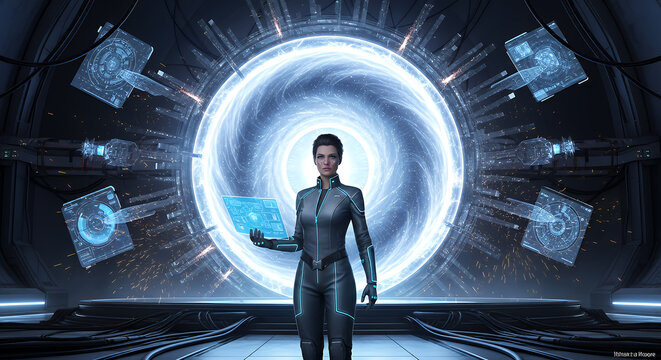 Futuristic woman in sleek sci fi suit stands before a glowing portal with holographic displays and floating geometric shapes