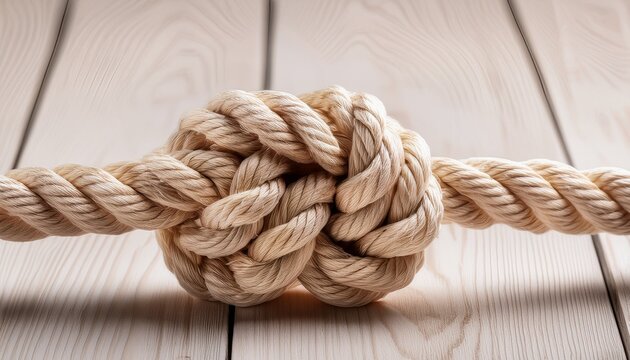 Close Up Of A Beige Rope Knot On Light Wooden Surface Vertical