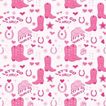 fun seamless pattern featuring bright pink cowgirl boots hats horseshoes hearts stars and the text scattered across a light pink background perfect for a bachelorette party or young western fan