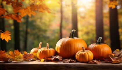 Naklejka premium Autumnal Still Life With Pumpkins And Falling Leaves In A Forest Setting