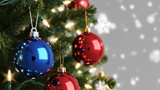 Festive christmas tree decoration with shiny baubles and twinkling lights