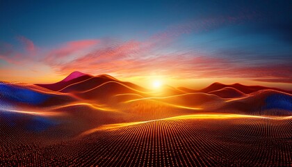 Digital Sunset Over Abstract Dotted Landscape