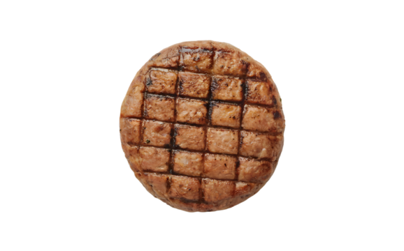 A top-down photograph of a traditional Balkan pleskavitsa patty centered on a clean white background. The grilled meat patty displays a perfectly round, flattened shape with distinctive grill marks cr