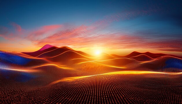 Digital Sunset Over Abstract Dotted Landscape