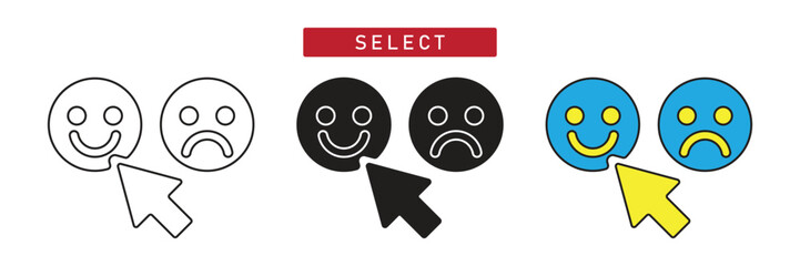 Select Emotion Icon: Happy and Sad Faces with Cursor Pointer, User Survey Choice Symbol.