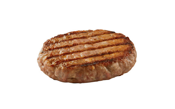 A photograph of a traditional Balkan pleskavitsa burger patty positioned in side view against a clean white background. The thick, oval-shaped grilled meat patty displays a rich golden-brown crust wit