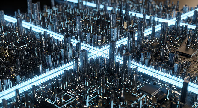 Vast futuristic cityscape with glowing blue lights and towering skyscrapers creating a symmetrical geometric urban landscape