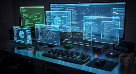 Futuristic computer setup with multiple glowing blue and green screens displaying complex data and code in a dark room