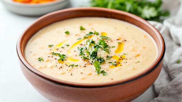 Creamy Soup: A bowl of creamy, freshly made soup, a culinary delight, garnished with fresh herbs, and olive oil. An invitation to savor a taste of comfort.