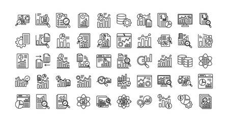 Data analysis and reporting icon set collection. Containing statistics, visual, review, database, info, advice, monitor .Line vector icons collection