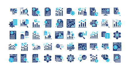 Data analysis and reporting icon set collection. Containing statistics, visual, review, database, info, advice, monitor .Solid vector icons collection