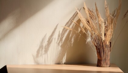 Minimalist Dried Grass Still Life With Autumn Sunlight And Soft Shadows