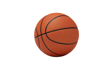 A professional product photograph of an orange leather basketball positioned on a clean white background. The basketball displays classic black curved lines creating the traditional eight-panel design