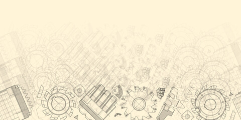 Mechanical engineering drawings on sepia background. Cutting tools, milling cutter. Technical Design. Cover. Blueprint. Horizontal seamless pattern. Vector illustration.