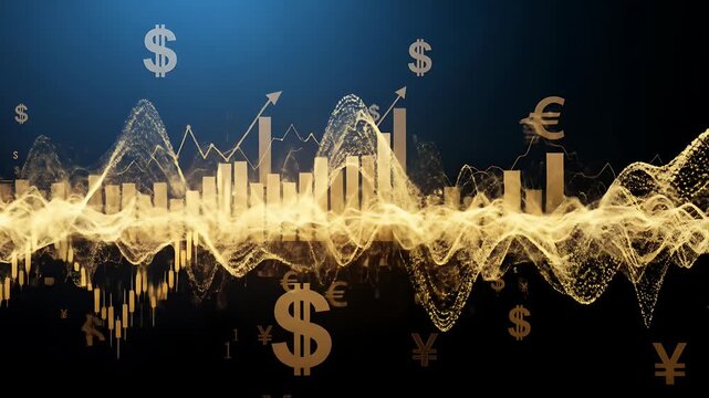Financial Growth: Golden Data Waves and Currency Symbols