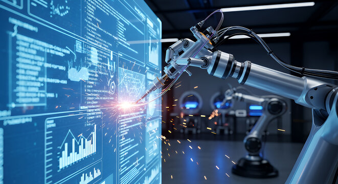 Advanced robotic arm working with futuristic holographic digital interface displaying complex data and analytics in a modern factory setting