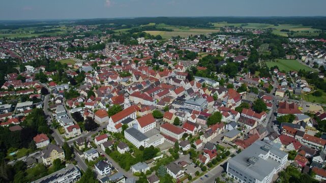 Aerial view of the city Aichach in Germany, Bavaria on a sunny afternoon spring day