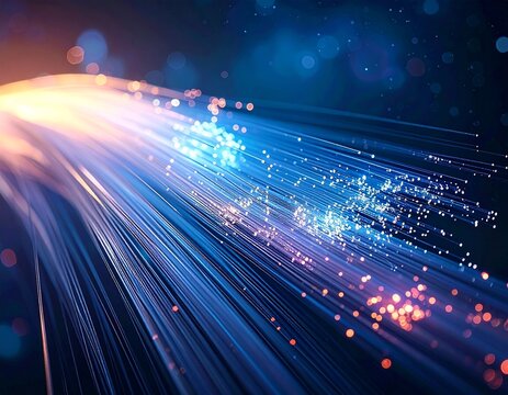Haces de fibra &oacute;ptica en desenfoque art&iacute;stico, puntos de luz difusos, l&iacute;neas luminosas suaves