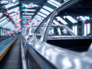 Car body on assembly line under bright lights, modern automotive factory, industrial production, high technology, efficiency, metallic finish