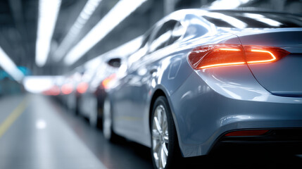 Modern sedan car with illuminated tail light on assembly line, automotive manufacturing, high fidelity, technology, efficiency, industrial setting